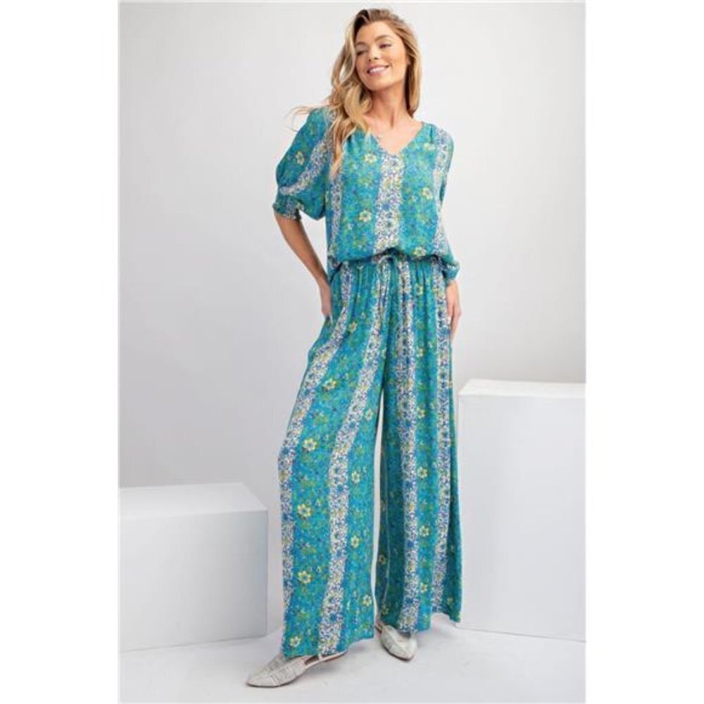 Floral Print Gauze Palazzo Pants- Blue- Dress Pants For Women